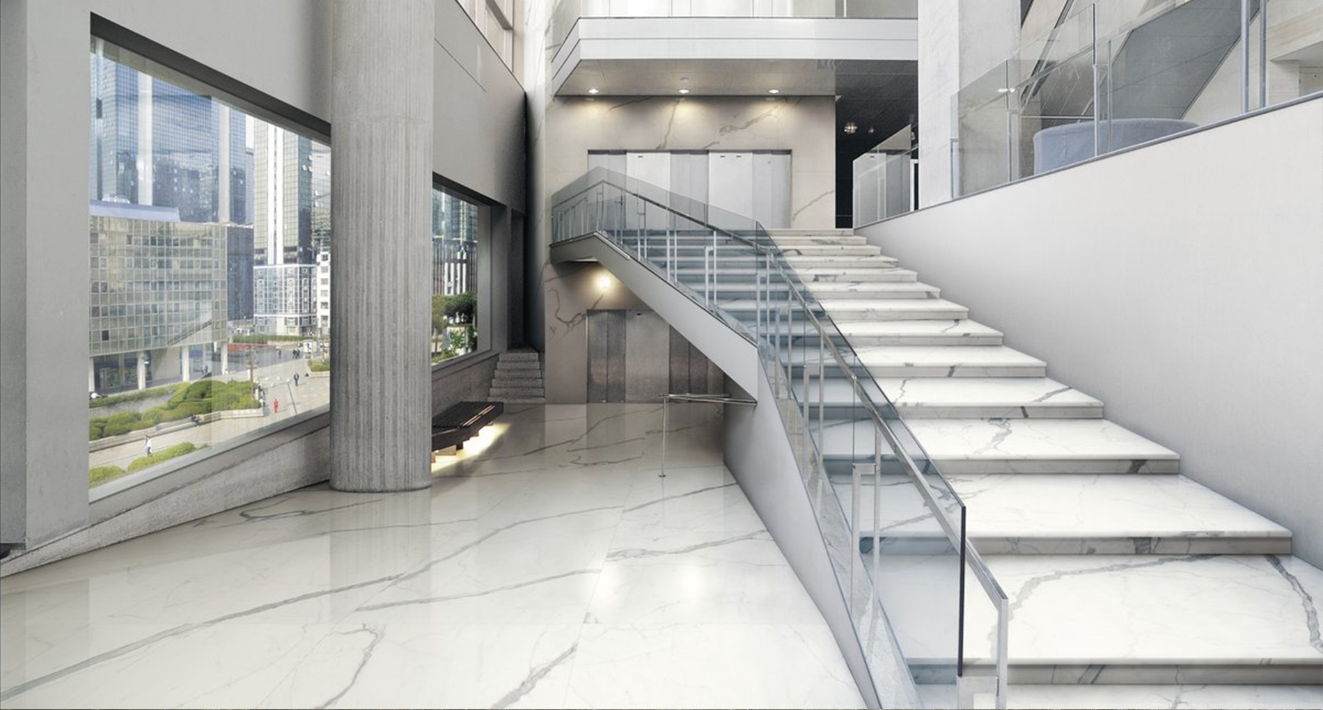 Marble staircase with glass railing and white marble flooring.