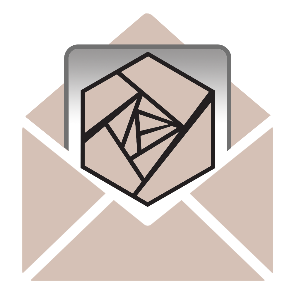 Black geometric Geronse email icon on a gray and beige background.