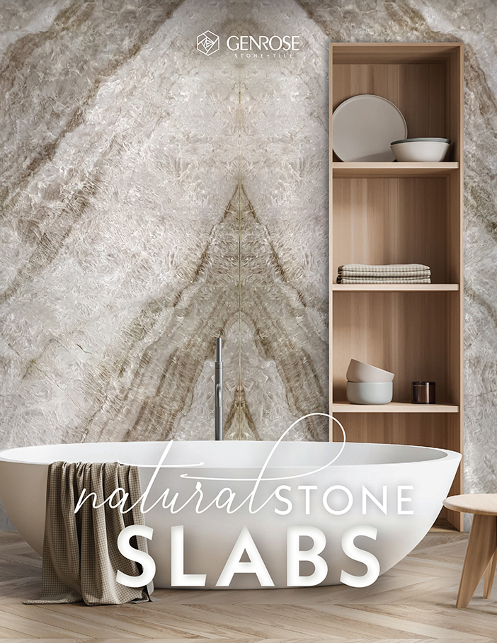 Natural stone slabs in beige and white tones, with a freestanding bathtub and wooden shelves.