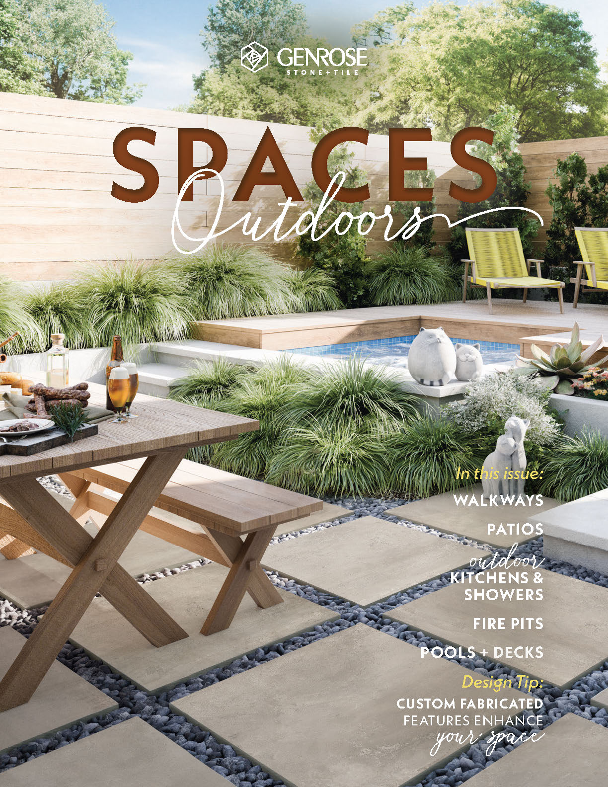 Genrose catalog cover featuring a modern outdoor space with beige stone tiles, a wooden table, green plants, and outdoor seating.