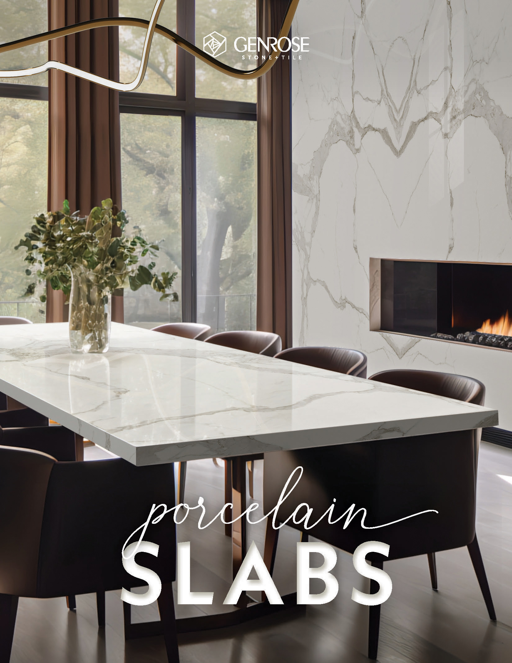 Porcelain slabs in a modern setting with white marble patterns.