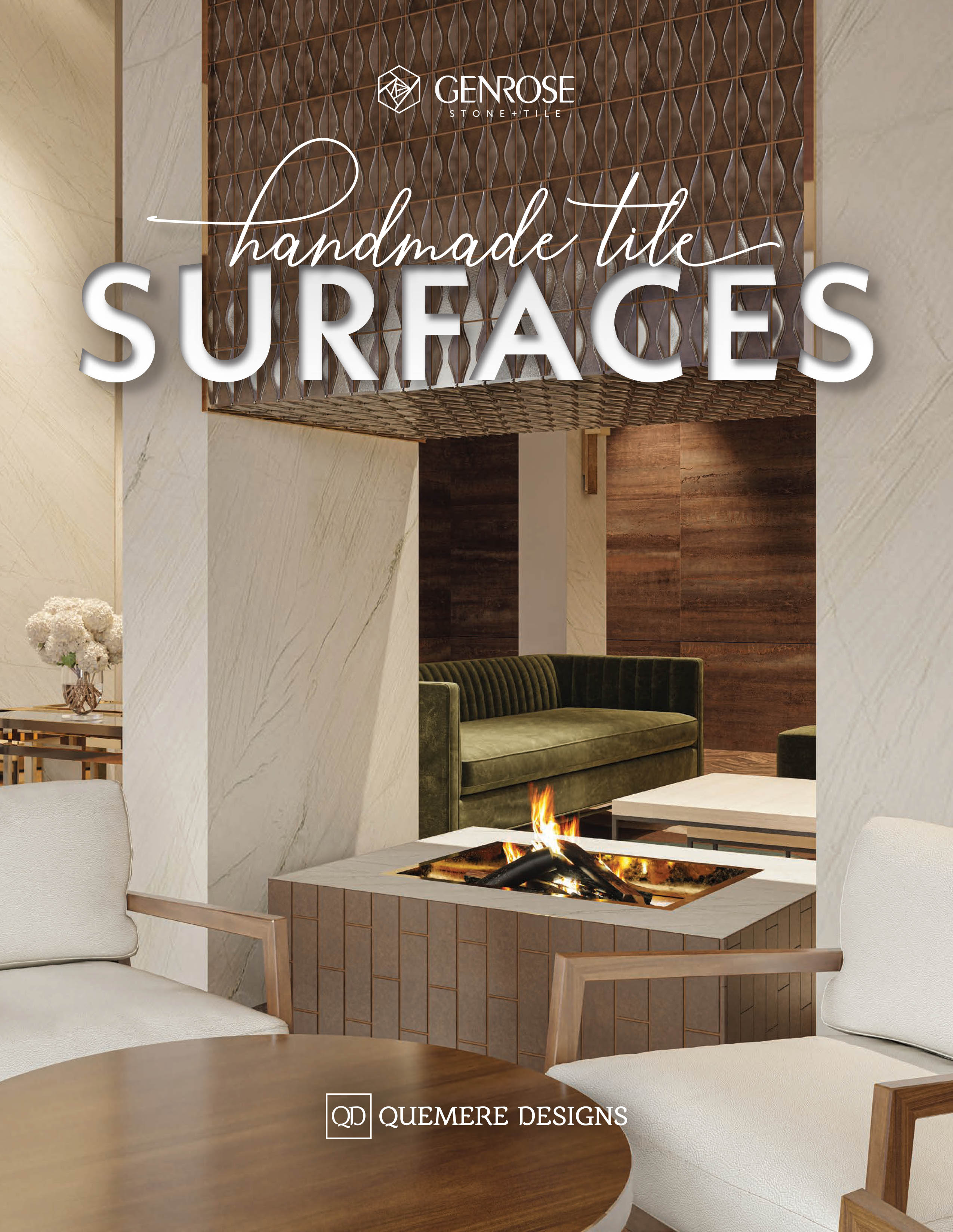 Genrose handmade tile surfaces catalog cover featuring a modern interior with white and brown tiles, a fireplace, and stylish furniture.