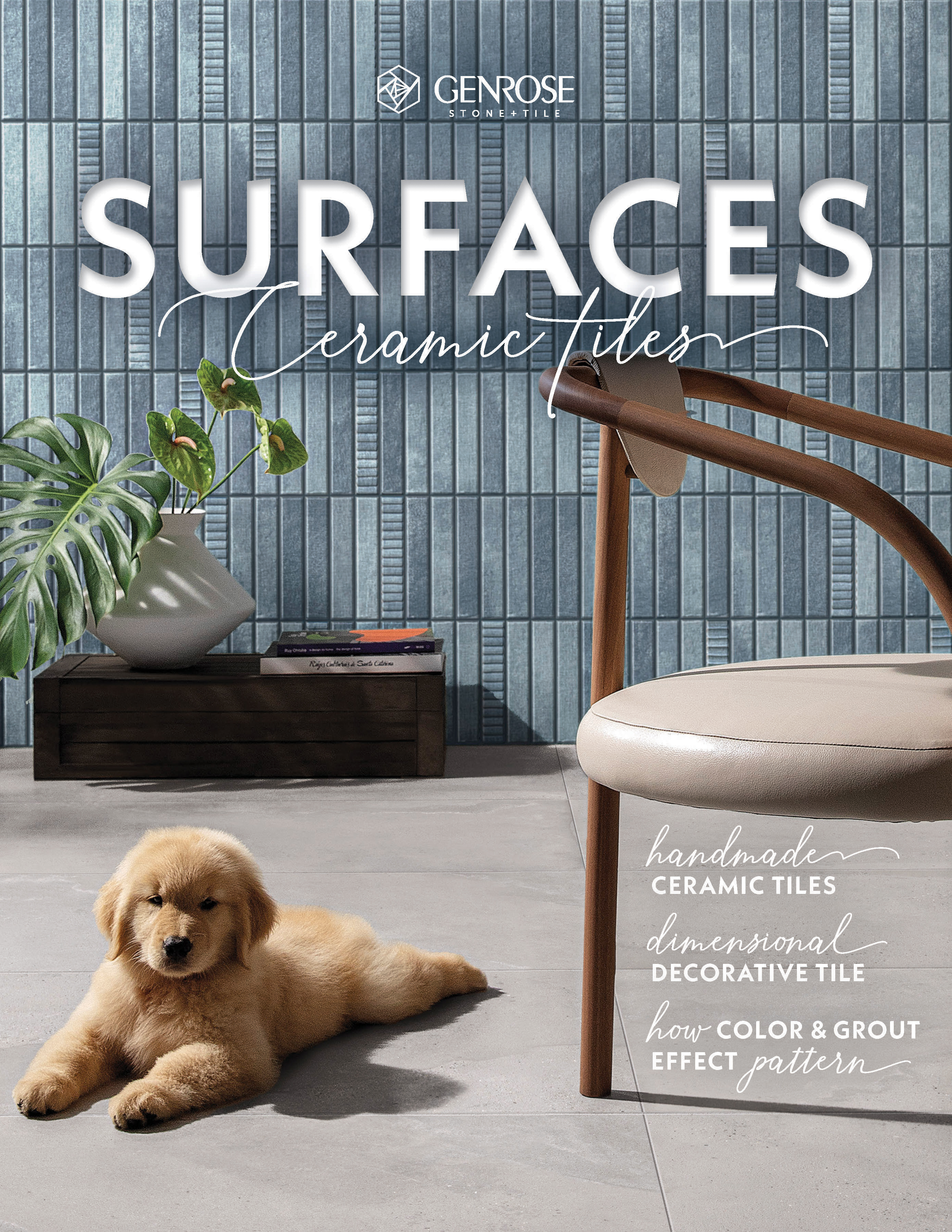 Genrose Surfaces Ceramic Tiles catalog cover featuring blue vertical tiles, a wooden chair, a potted plant, and a golden retriever puppy on a light gray floor.