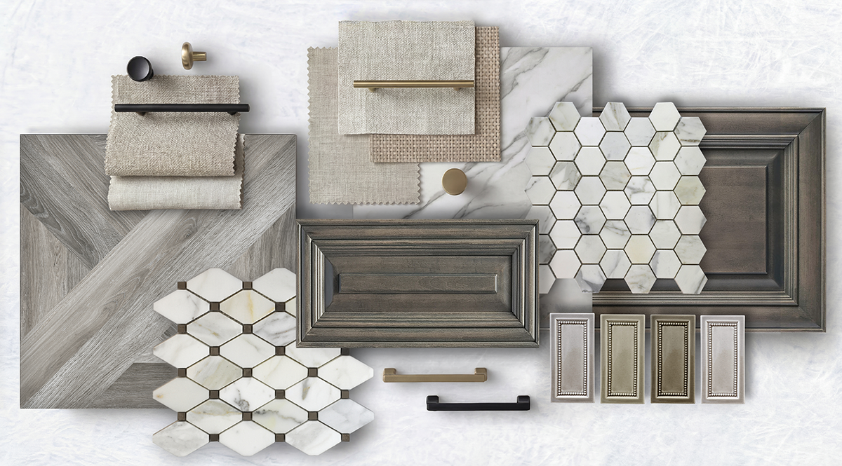 Natural stone slab and mosaic tiles with coordinating handmade tiles and cabinet hardware in an inspirational moodboard