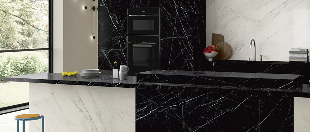Porcelain slab countertop and backsplash in a modern kitchen