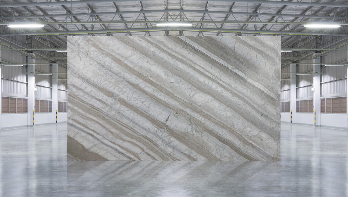 Large slab of Corteccia Leathered stone with diagonal beige and gray striations.