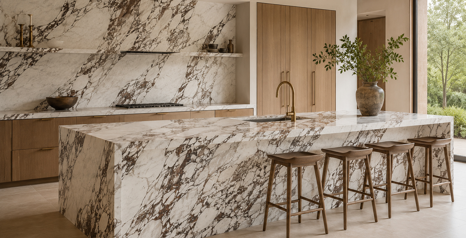 Large format porcelain slab surface in a modern kitchen or bathroom setting