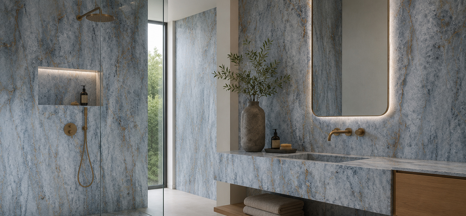 Porcelain slab bathroom wall and vanity surface