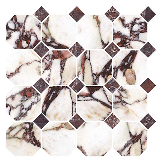 Armanti Calacatta Viola Mixed 3" Octagon Matte w/ Rosso Polished dot | Glazed Porcelain | Floor/Wall Mosaic