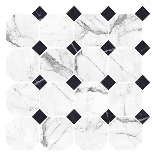Armanti Statuario Superiore Mixed 3" Octagon Matte w/ Nero Polished dot | Glazed Porcelain | Floor/Wall Mosaic