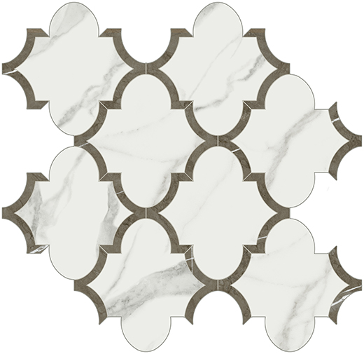 Oxford Statuario Venato Polished Arabesque Statuario Venato | Glazed Porcelain | Floor/Wall Mosaic