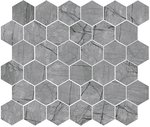 Amazon Coal Carved 2" Hexagon | Color Body Porcelain | Floor/Wall Mosaic