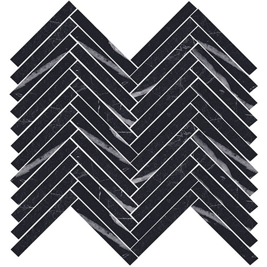 Armanti Marquina Black Polished 5/8"x4" Herringbone Mosaic | Glazed Porcelain | Floor/Wall Mosaic