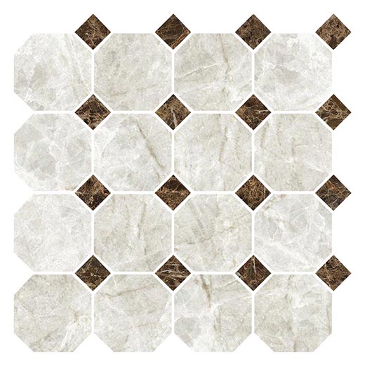 Armanti Taj Mahal Shell Mixed 3" Octagon Matte w/ Emperador Polished dot | Glazed Porcelain | Floor/Wall Mosaic