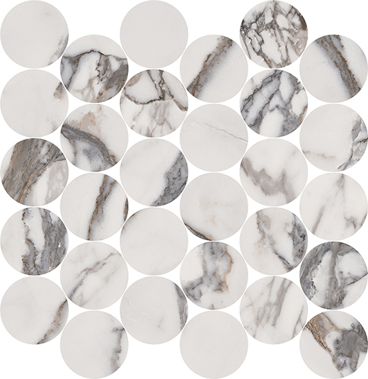 Indalgo Arabescato Polished 2.5" Circle Mosaic (14"x14" Sheet) | Color Body Porcelain | Floor/Wall Mosaic