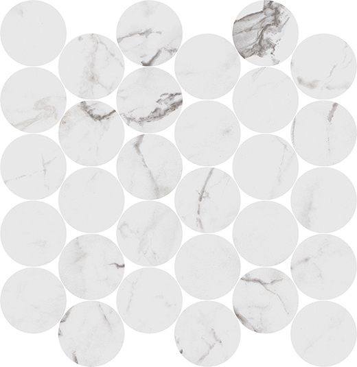 Indalgo Statuario Matte 2.5" Circle Mosaic (14"x14" Sheet) | Color Body Porcelain | Floor/Wall Mosaic