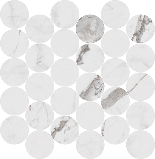 Indalgo Statuario Polished 2.5" Circle Mosaic (14"x14" Sheet) | Color Body Porcelain | Floor/Wall Mosaic