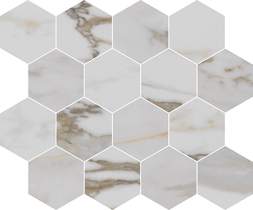 Luxury Imperial Gold Calacatta Polished 3"x3" Hexagon Mosaic | Color Body Porcelain | Floor/Wall Mosaic