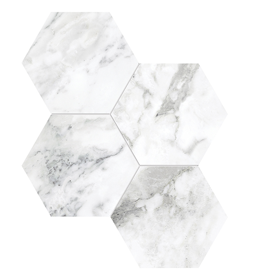Nuvo Marble Arabescato Polished 6" Hex (11.5"x10" Mosaic Sheet) | Glazed Porcelain | Floor/Wall Mosaic