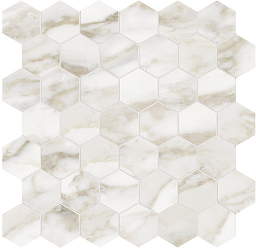 Nuvo Marble Calacata Paonazzo Polished 2" Hex (11.8"x11.7" Mosaic Sheet) | Glazed Porcelain | Floor/Wall Mosaic