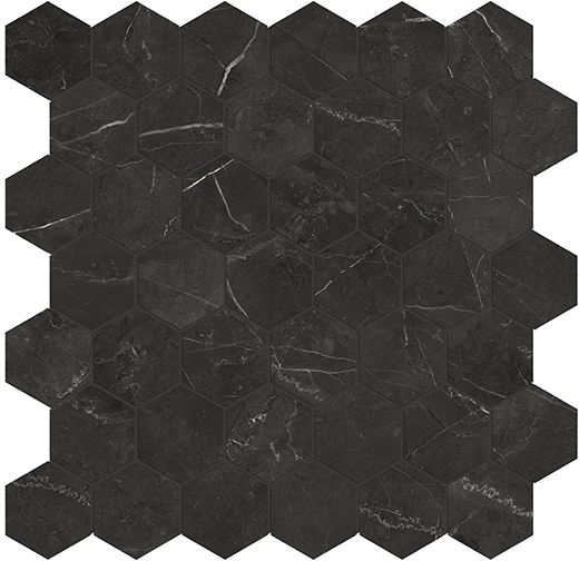 Nuvo Marble Nero Venato Honed 2" Hex (11.8"x11.7" Mosaic Sheet) | Glazed Porcelain | Floor/Wall Mosaic