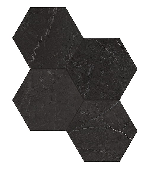 Nuvo Marble Nero Venato Honed 6" Hex (11.5"x10" Mosaic Sheet) | Glazed Porcelain | Floor/Wall Mosaic