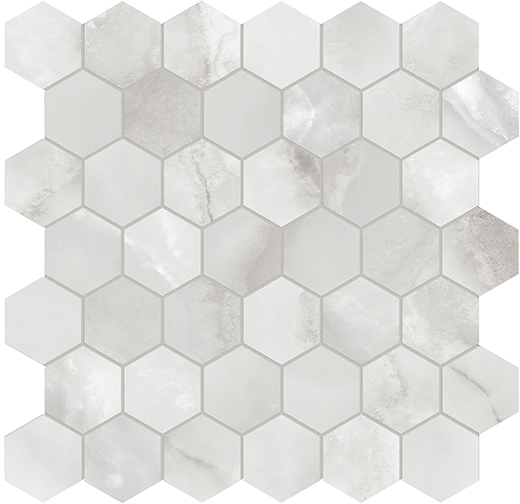 Nuvo Marble Onyx Nuvolato Honed 2" Hex (11.8"x11.7" Mosaic Sheet) | Glazed Porcelain | Floor/Wall Mosaic