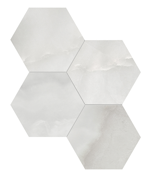 Nuvo Marble Onyx Nuvolato Polished 6" Hex (11.5"x10" Mosaic Sheet) | Glazed Porcelain | Floor/Wall Mosaic
