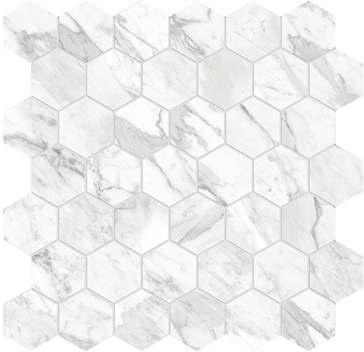 Nuvo Marble Statuarietto Honed 2" Hex (11.8"x11.7" Mosaic Sheet) | Glazed Porcelain | Floor/Wall Mosaic