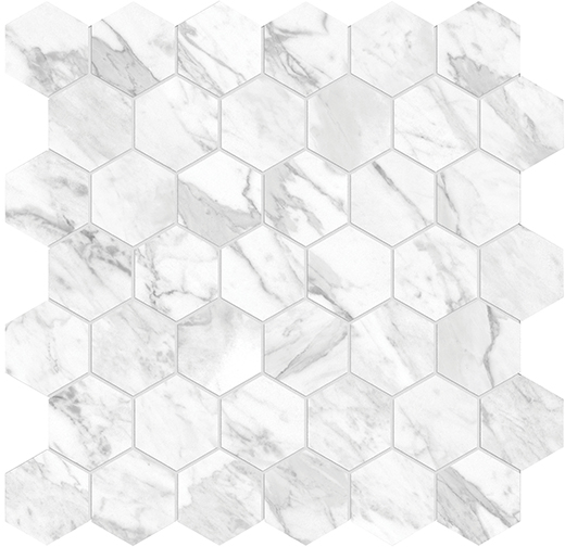 Nuvo Marble Statuarietto Polished 2" Hex (11.8"x11.7" Mosaic Sheet) | Glazed Porcelain | Floor/Wall Mosaic