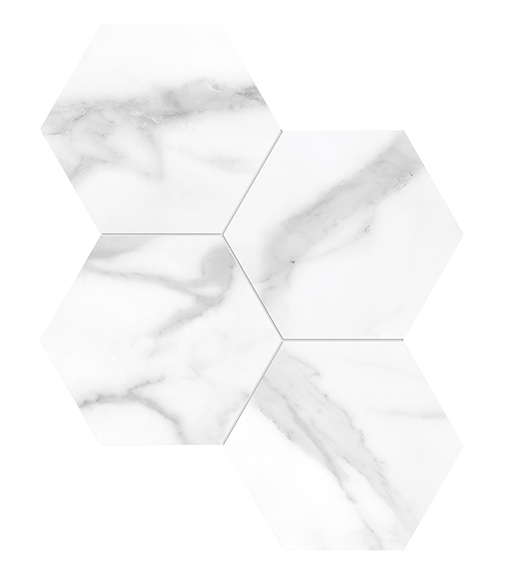Nuvo Marble Statuario Nuovo Polished 6" Hex (11.5"x10" Mosaic Sheet) | Glazed Porcelain | Floor/Wall Mosaic