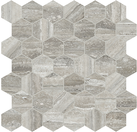 Nuvo Marble Travertino Instrata Honed 2" Hex (11.8"x11.7" Mosaic Sheet) | Glazed Porcelain | Floor/Wall Mosaic