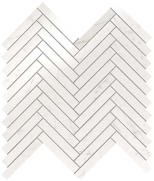 Resplendent Carrara Pure Polished 5/8"X4" Herringbone Mosaic | Color Body Porcelain | Floor/Wall Mosaic