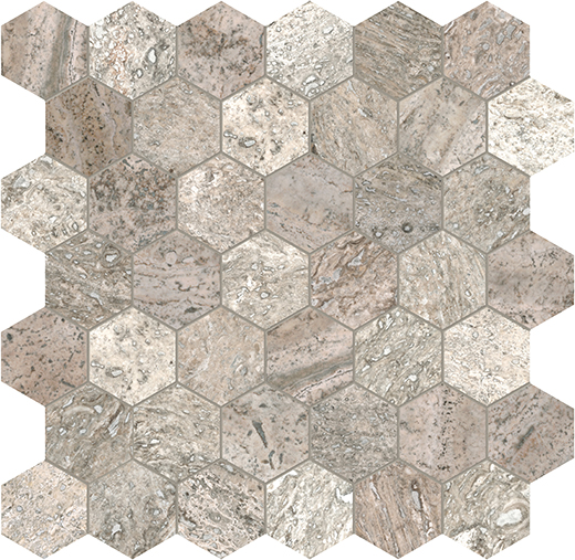 Silver Ash (Travertine) Honed & Filled 2" Hexagon Veinc-t | Travertine | Floor/Wall Mosaic