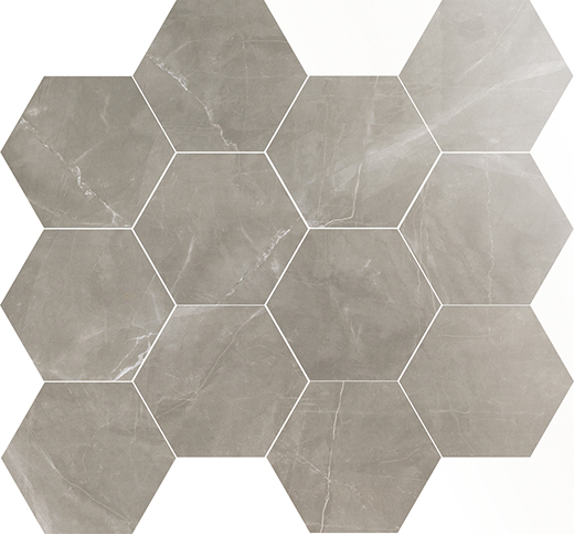 Splendor Amani Grey Polished 3" Hex 9"x11" Sheet | Color Body Porcelain | Floor/Wall Mosaic