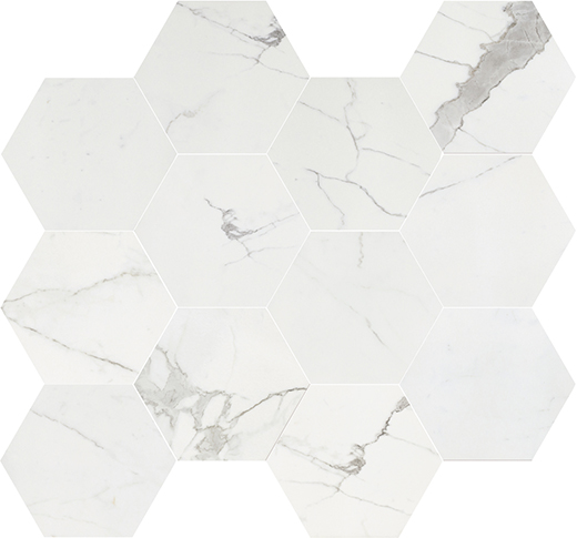 Splendor Calacatta Polished 3" Hex 9"x11" Sheet | Color Body Porcelain | Floor/Wall Mosaic