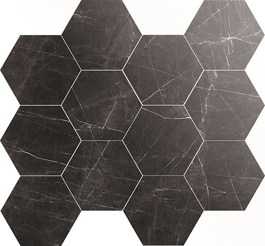 Splendor Nero Marquina Polished 3" Hex 9"x11" Sheet | Color Body Porcelain | Floor/Wall Mosaic