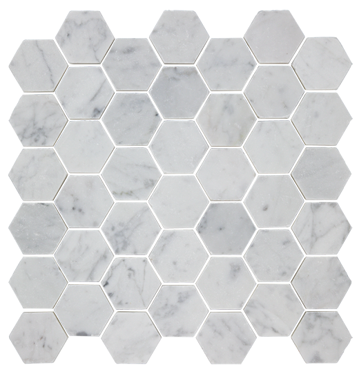 Tumbled Natural Stone Bianco Carrara Lightly Tumbled 2" Hexagon | Marble | Floor/Wall Mosaic